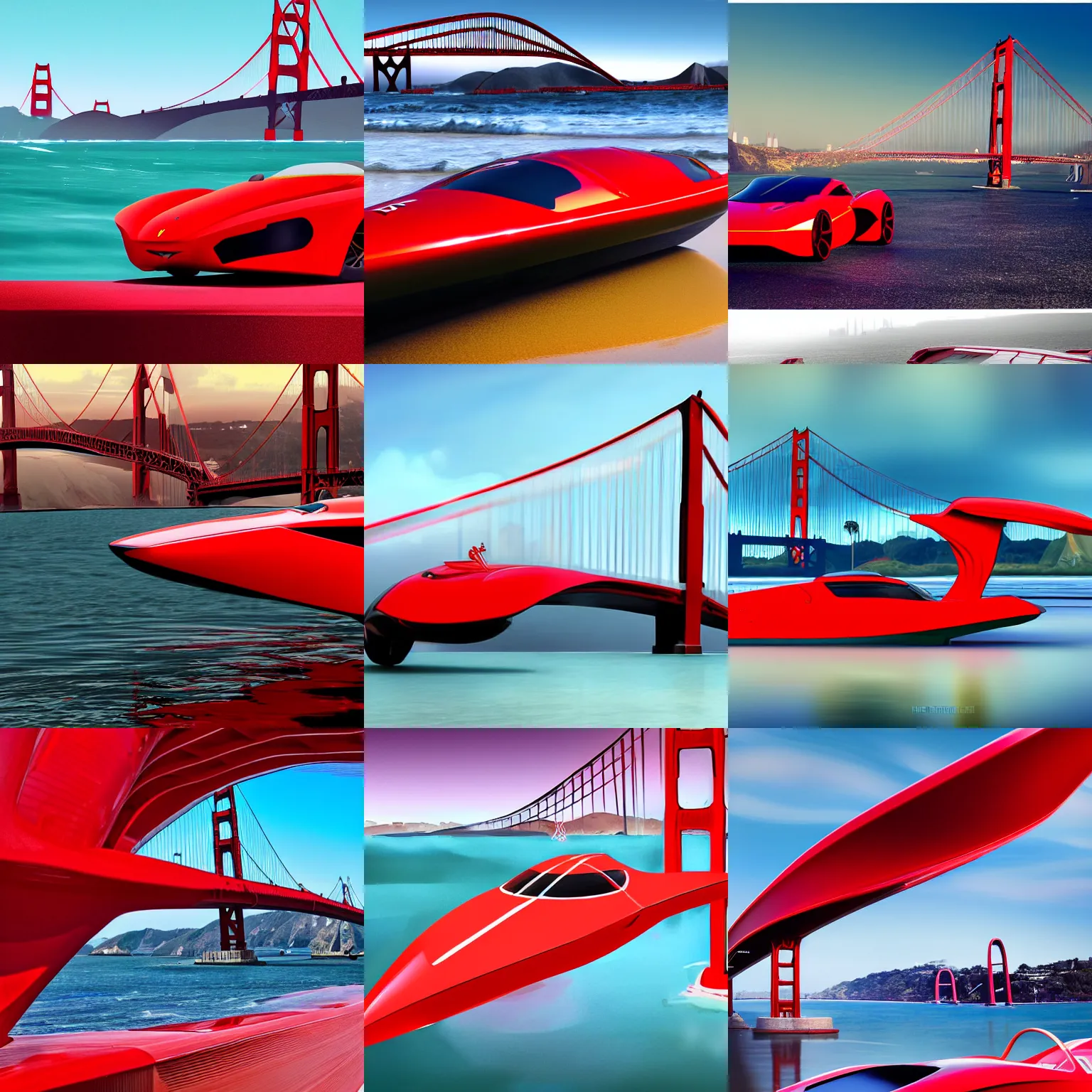 Prompt: concpet art featuring a futuristic red speedboat designed in the style of ferrari at golden gate park. bridge in background. fine detail. surf. this 4 k hd image is trending on artstation, featured on behance, well - rendered, extra crisp, features intricate detail, epic composition and the style of unreal engine.