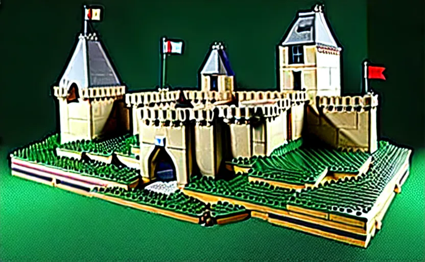 Image similar to a realistic detailed accurate Lego set of a medieval French castle on a green hill