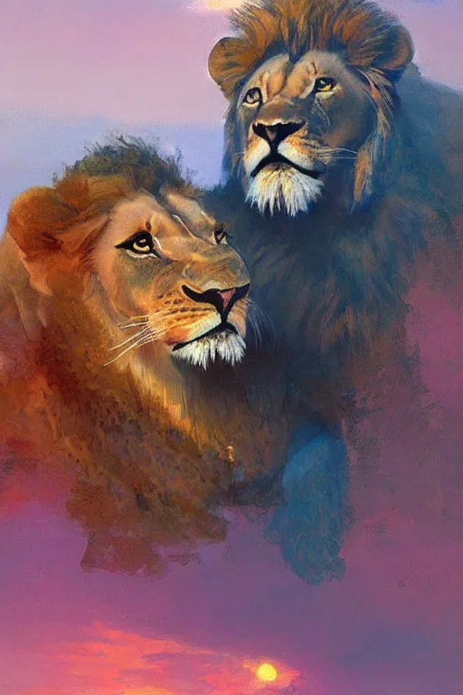 Prompt: spiritual twin flame lioness and lion art pink sunset hue highly detailed oil painting hue by craig mullins