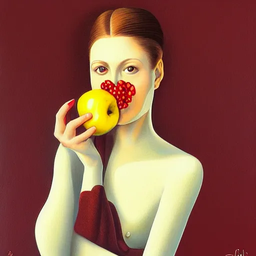 Image similar to a painting of a woman with an apple in her mouth, an ultrafine detailed painting by rafal olbinski, behance contest winner, pop surrealism, detailed painting, skeuomorphic, airbrush art