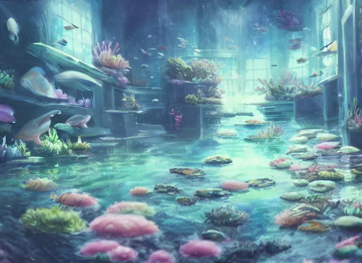 Image similar to placid pastel morning cozy moody cluttered painterly fluffy tiny cramped aquarium store, lots of aquariums, slanted ceiling, tiny space, particulate, trending on pixiv
