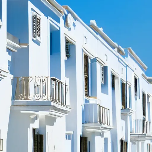 Prompt: Minimalistic background of buildings with traditional Greek style architecture. Low angle view of white houses against a blue clear summer sky. Construction of a modern residential building in the open air.