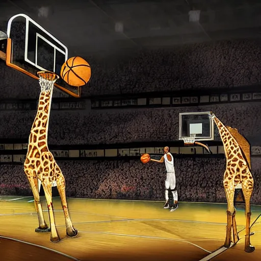 Prompt: giraffe dunking basketball in full stadium, digital art, highly detailed