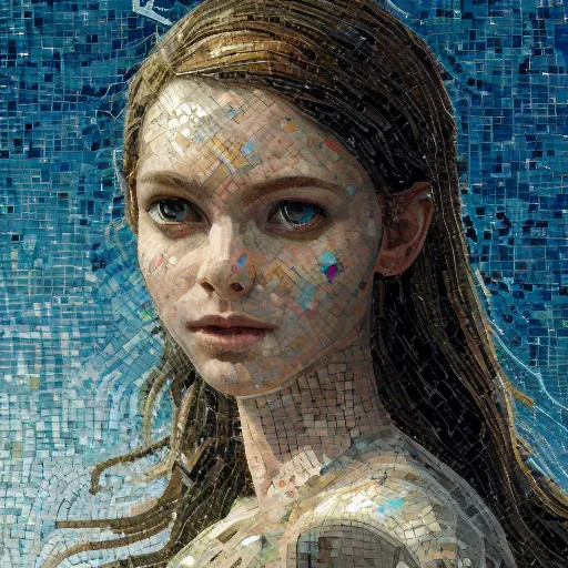 Image similar to mosaic portrait of a beautiful young girl falling into the sky by greg rutkowski, 4k, intricate details, dichotomy