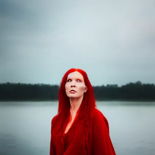 Prompt: A red haired woman intensely staring at the camera in the style of Annie Leibovitz