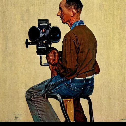 Image similar to norman rockwell painting of a man holding a large television - video - camera