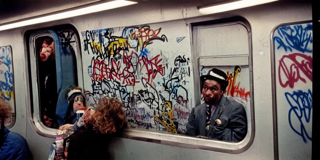 Image similar to new york subway cabin 1 9 8 0 s inside all in graffiti, policeman closeup, coloured film photography, christopher morris photography, bruce davidson photography