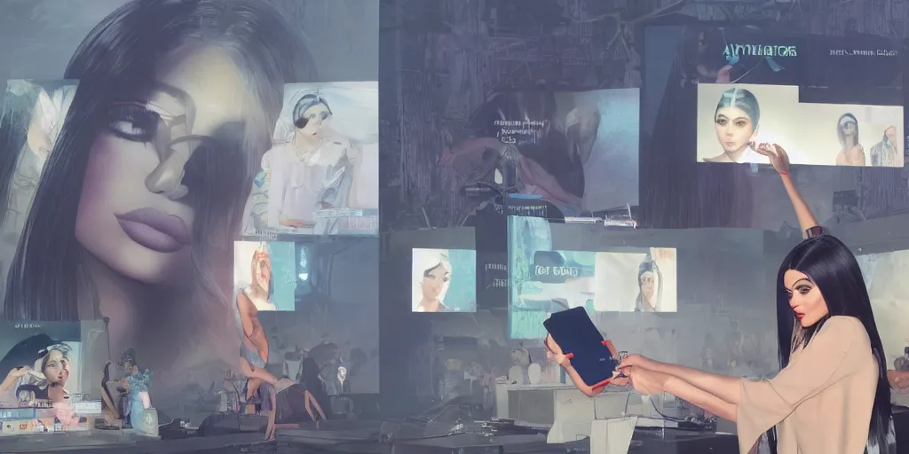 Prompt: president kylie jenner showing pictures of new loyalty marketing program with government id cards on a massive screen at coachella, orwellian, industrial art style, highly detailed, digital painting, artstation, concept art, dystopian, sharp focus, brutalist illustration, art by artgerm and greg rutkowski and alphonse mucha, 8 k