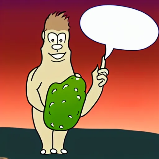 Image similar to bigfoot holding a large pickle. in the animation style of loony too s