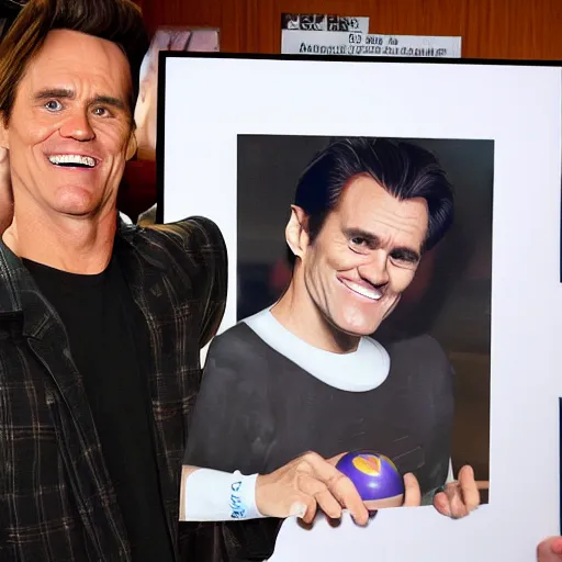 Prompt: a bowling ball carrier with a print of spherical jim carrey