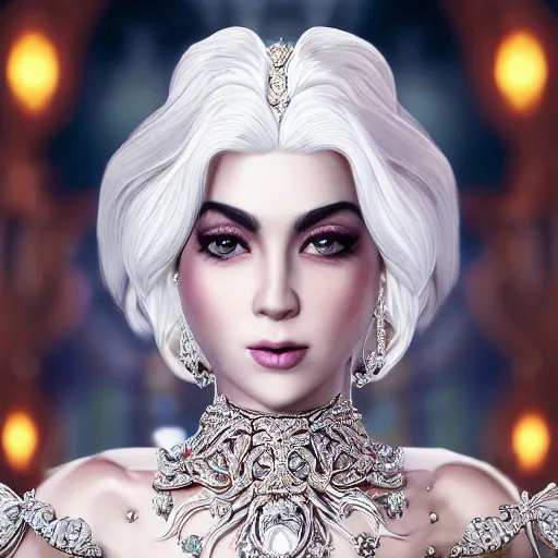 Image similar to portrait of pretty princess with white hair, beauty, ornate and intricate diamond jewelry, glowing, jaw dropping, ornate and intricate backdrop, white accent lighting, hyper detailed, 4 k octane render