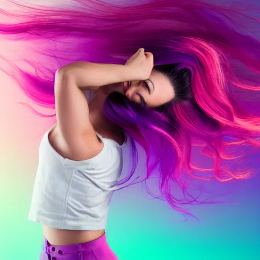 Image similar to a award winning half body shot of a beautiful woman in a croptop with a ombre purple pink teal hairstyle with head in motion and hair flying, outrun, vaporware, vivid colors, highly detailed, fine detail, intricate