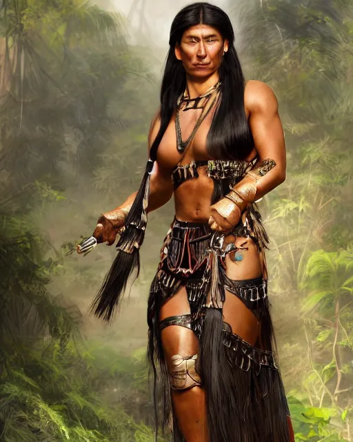 Image similar to Strong native American female beauty with long straight black hair in a ponytail and muscular figure, wearing roman black leather armor with detailed bronze ornaments, she is a fighter holding two sabers in a vivid jungle in natural light, low angle, mist, micro details, octane render, in the style of Anders Zorn and Jaime Jones, trending on artstation, concept art for movies