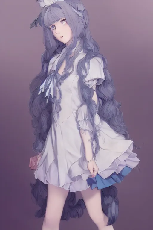 Prompt: a character design of a young lolita dressed girl, full body, grey and blue theme, wavy white long hair by krenz cushart and mucha and akihito yoshida and makoto shinkai and greg rutkowski, 4 k resolution