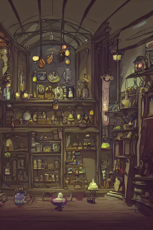 Image similar to inside a magical item shop, fantasy potion vendor interior, ufotable studio art style, wide angle, gothic interior