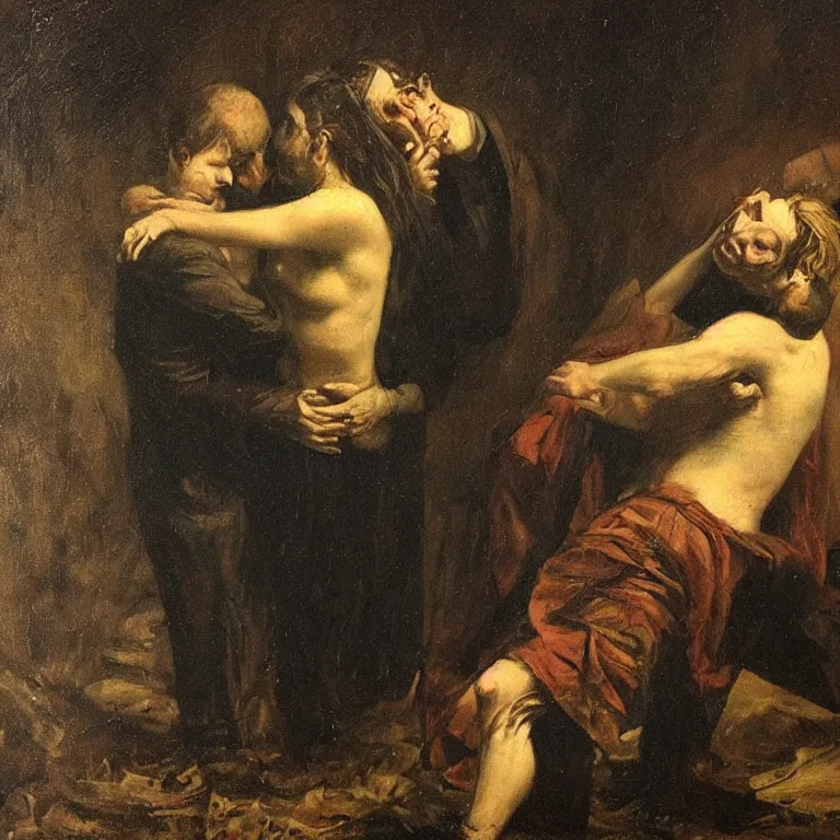 Prompt: the night of despair, doompunk, dark emotional portrait, nineteenth century painting masterpiece