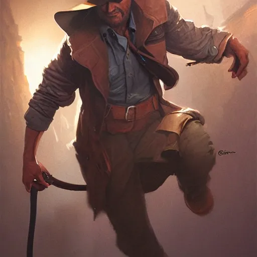 Prompt: close up indiana jones stealing a catalytic convertor, that is on a pedastal painted by greg rutkowski