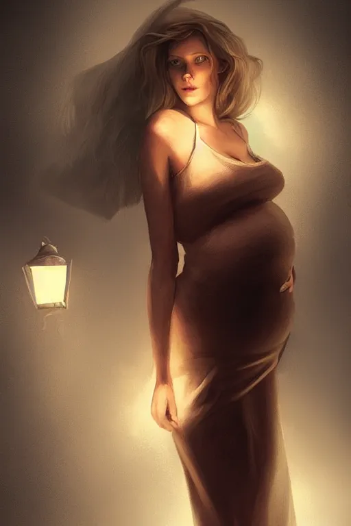 Image similar to pregnant woman under street light, highly detailed, sharp focused, ultra realistic digital concept art by Charlie Bowater