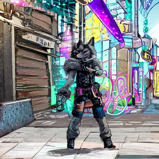 Image similar to beautiful commission digital art portrait commission of an androgynous furry anthro wolf wearing punk clothes in the streets of a cyberpunk city. neon signs. made by zaush, rick griffin, tessgarman, angiewolf, miles df, smileeeeeee, ethrk, fa, furraffinity