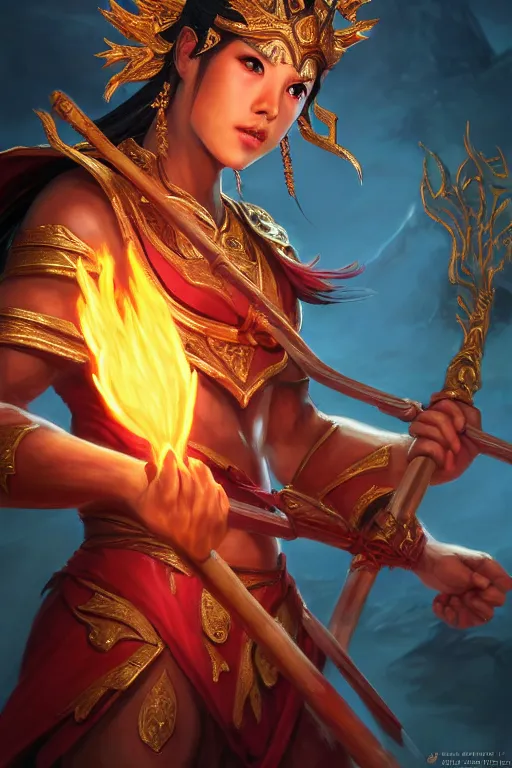 Prompt: a masterpiece portrait of nezha, legendary god holding spear, man, flame everywhere, epic pose, fantasy character portrait, closeup shot, hyper detailed, digital painting, 8 k realistic, trending on artstation, sharp focus, dof, by fenghua zhong, artgerm, ne zha from smite, jeff easley, raymond swanland