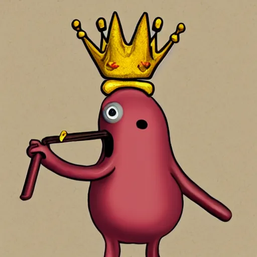 Image similar to kidney bean holding a staff, wearing crown, cartoon character, digital art, fun,