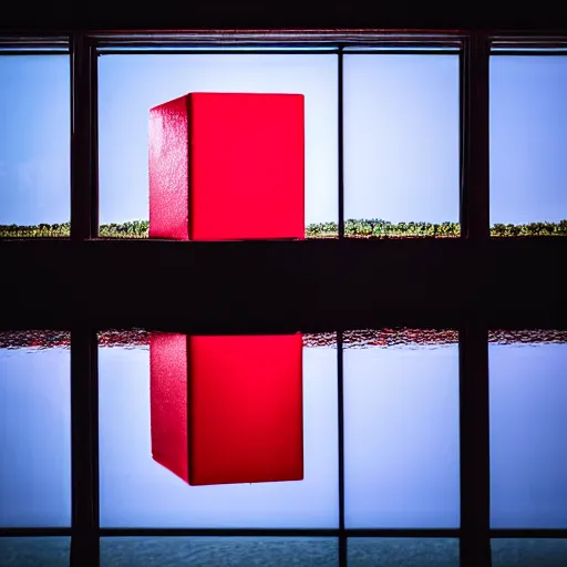 Prompt: a red cube reflected by water in a white room, professional photography, 4k lighting