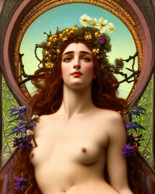 Image similar to goddess of nature, unusual beauty, fauna, flowers, plants, emotionally evoking symbolic metaphors, head in focus, fantasy, ornamental, intricate, elegant, sensual, highly detailed digital painting, artstation, concept art, painterly, golden ratio, sharp focus, illustration, art by John William Godward and Alphonse Mucha and Boris Vallejo and Arcimboldo and Zdzisław Beksiński,