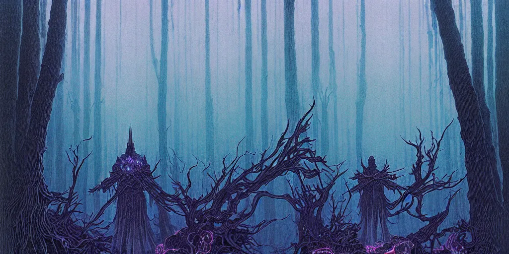 Prompt: grainy risograph matte painting of dark bejeweled huge botanical macabre paladin, atmospheric, densed foggy forest, omnious, epic composition, by moebius, hyperrealism, intricate detailed