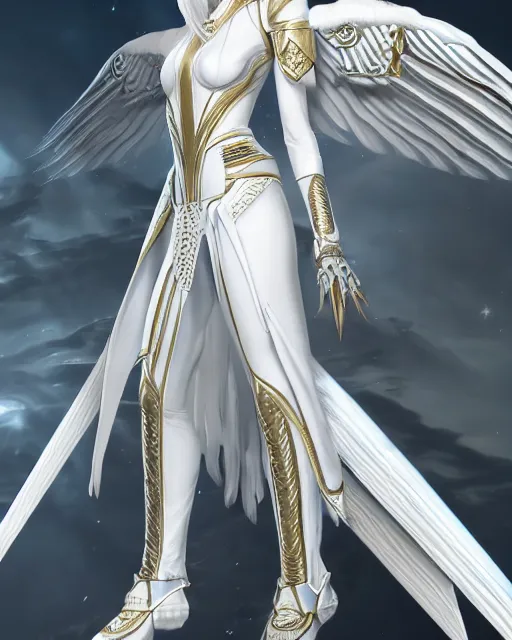 Image similar to perfect white haired egyptian goddess wearing white dove wings, warframe armor, regal, attractive, ornate, sultry, beautiful, charlize theron, half asian, pretty face, blue eyes, detailed, scifi platform, 4 k, ultra realistic, volumetric lighting, illuminated, cinematic, masterpiece, art by akihito tsukushi, voidstar