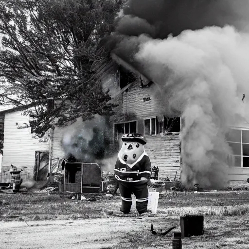 Image similar to a photo of a house burning down in the background and the kool - aid man with an eerie expression in the foreground, strong depth of field