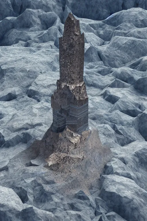 Image similar to blender render of a crystallized monument sitting atop a mountain peak