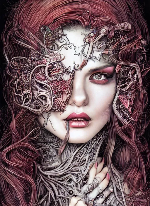 Prompt: portrait of a female model, vivid, intricate, highly detailed, smooth, digital illustration, the dark and quirky art of scott radke