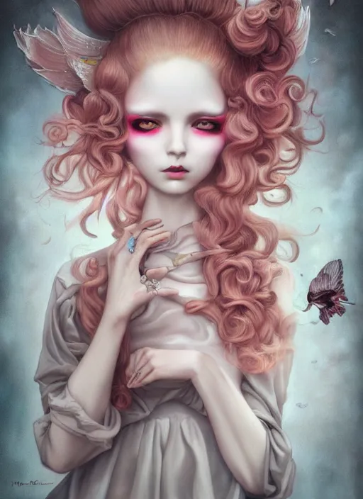 Image similar to pop surrealism, lowbrow art, realistic cute dress fashion painting, japanese street fashion, hyper realism, muted colours, rococo, natalie shau, loreta lux, tom bagshaw, mark ryden, trevor brown style,