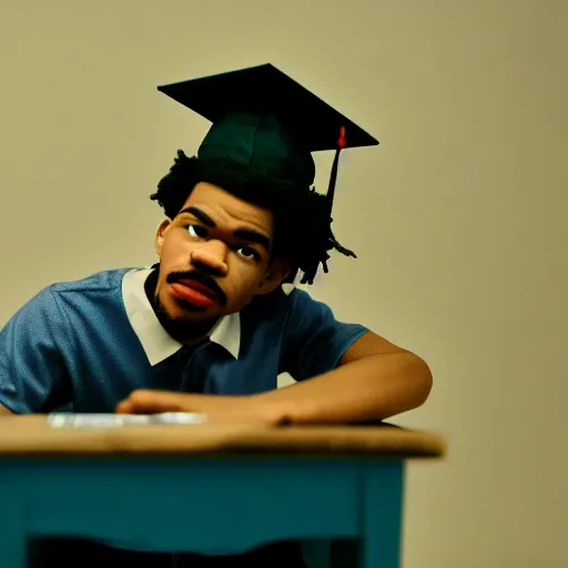 Image similar to a cinematic film still of a claymation stop motion film starring chance the rapper as a college student, shallow depth of field, 8 0 mm, f 1. 8