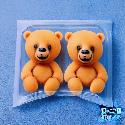 Prompt: macro shor photograph of tiny realistic looking bears inside of a plastic food package