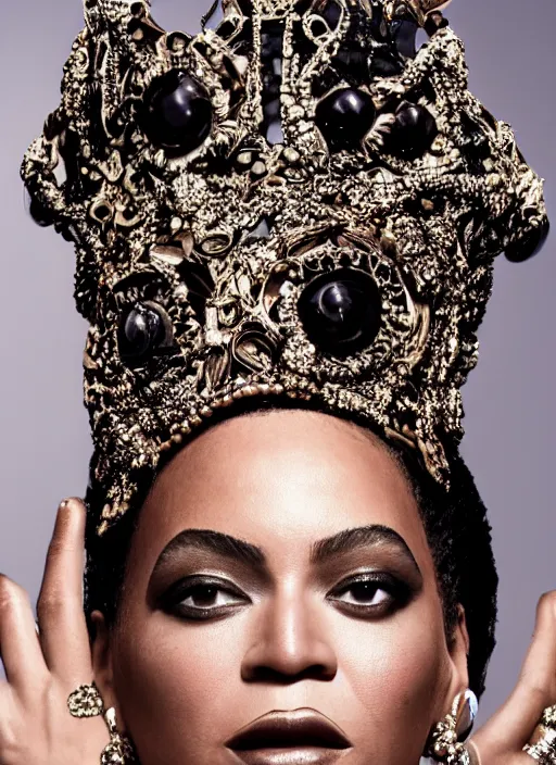 Image similar to photo of beyonce styled by nick knight posing, intricate headpiece, showstudio, face close up, vogue magazine, 2 0 2 0, canon, highly realistic. high resolution. highly detailed. dramatic. 8 k. 4 k. zeiss lens, canon eos, cinematic lighting, photography, film still