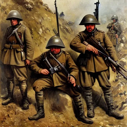 Prompt: inside a trench with a machine gun, ww 1 german soldiers stand at the ready, oil on canvas, 1 9 0 5