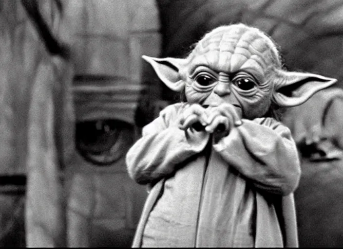 Image similar to a film still of yoda as an oompa loompa inwilly wonka and the chocolate factory 1 9 7 1