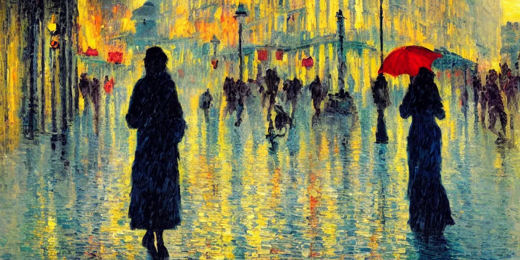 Image similar to evening city scene with young woman with umbrella. beautiful use of light and shadow to create a sense of depth and movement. neo - impressionism, using energetic brushwork and a limited color palette, providing a distinctive look and expressive quality in a rhythmic composition