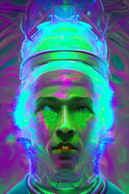 Image similar to portrait of a hyperdimensional jester, neon rainbow quartz, 4k detailed hyperrealistic digital photo by Beeple, Gustave Dore, Artstation, CGsociety