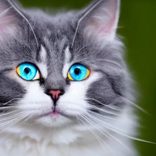 Prompt: Fluffy white and gray cat, yellow eyes, very cute, 4K