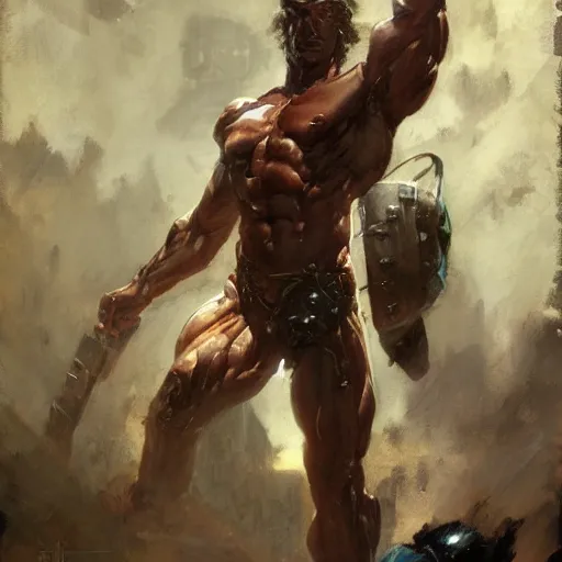 Image similar to muscular male cyborg, muscle, painting by gaston bussiere, craig mullins, greg rutkowski, yoji shinkawa