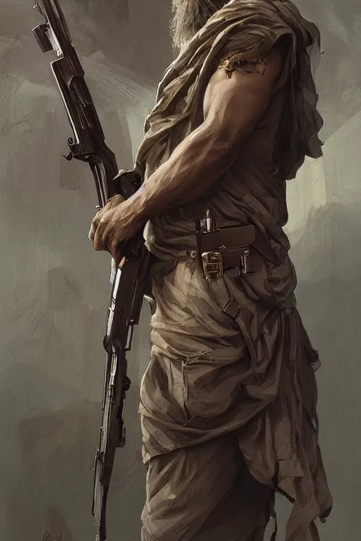 Image similar to male cottagecore taliban leader holding a kalashnikov rifle. intricate, elegant. highly detailed, digital painting, artstation, concept art, smooth, sharp, focus, illustration.. art by artgerm and greg rutkowski and alphonse mucha