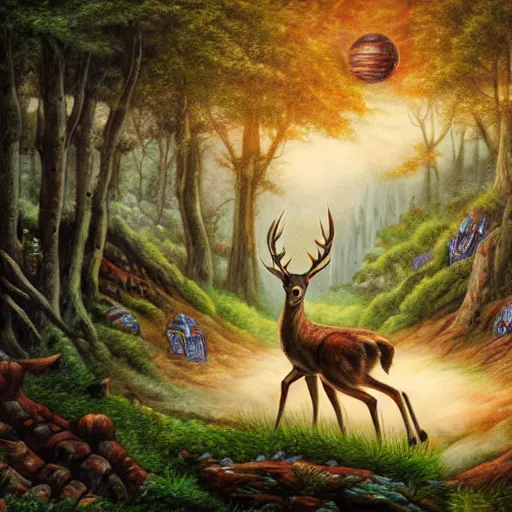 Image similar to a detailed fantasy painting of a deer in a forest looking at a robot city, by lauri blank, artgerm, evelyn de morgan, 8K, 50mm lens