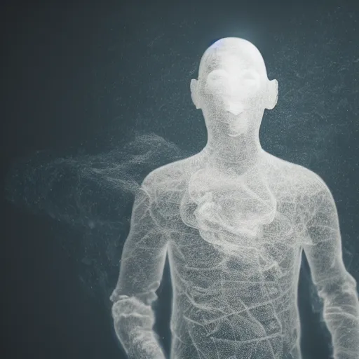 Image similar to A person made of smoke in blender, dancing, ambient lighting, depth of field,