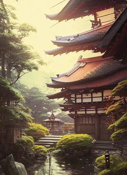 Image similar to Highly detailed small japanese house, Stephen Bliss, unreal engine, fantasy art by Greg Rutkowski, Loish, Rhads, ferdinand knab, Makoto Shinkai and Lois van baarle, ilya kuvshinov, rossdraws, Tom Bagshaw, alphonse mucha, global illumination, radiant light, detailed and intricate environment