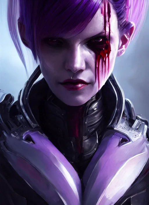 Prompt: close up painting, vampire, sci - fi armor, dark purple ponytail hair, beautiful, stern face, gorgeous, face visible, scars, eyeliner, cinematic lighting, eva suit, wallpaper, extremely detailed, sharp focus, by greg rutkowski and [ [ [ wlop ] ] ], intricate, beautiful, award winning, trending on artstation, pixiv