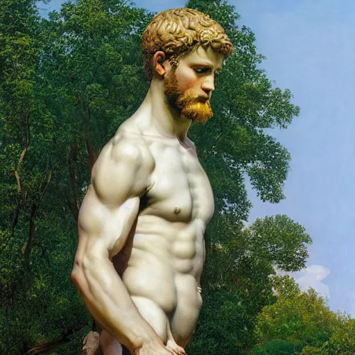 Image similar to statue of david stands in the middle of a field, David (Michelangelo), Rye (Shishkin), painting by Ivan Shishkin, painting by Valentin Serov, oil painting, hyperrealism, beautiful, high resolution