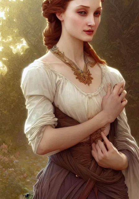 Prompt: sansa angeline jolie, intricate, elegant, highly detailed, digital painting, artstation, concept art, smooth, sharp focus, illustration, art by artgerm and greg rutkowski and alphonse mucha and william - adolphe bouguereau