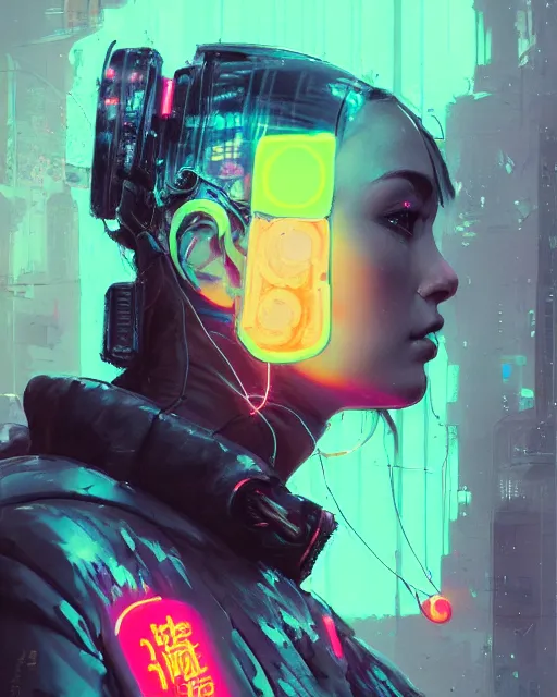 Image similar to detailed side profile portrait Neon Operator Girl, cyberpunk futuristic neon, reflective puffy coat, decorated with traditional Japanese ornaments by Ismail inceoglu dragan bibin hans thoma greg rutkowski Alexandros Pyromallis Nekro Rene Maritte Illustrated, Perfect face, fine details, realistic shaded, fine-face, pretty face